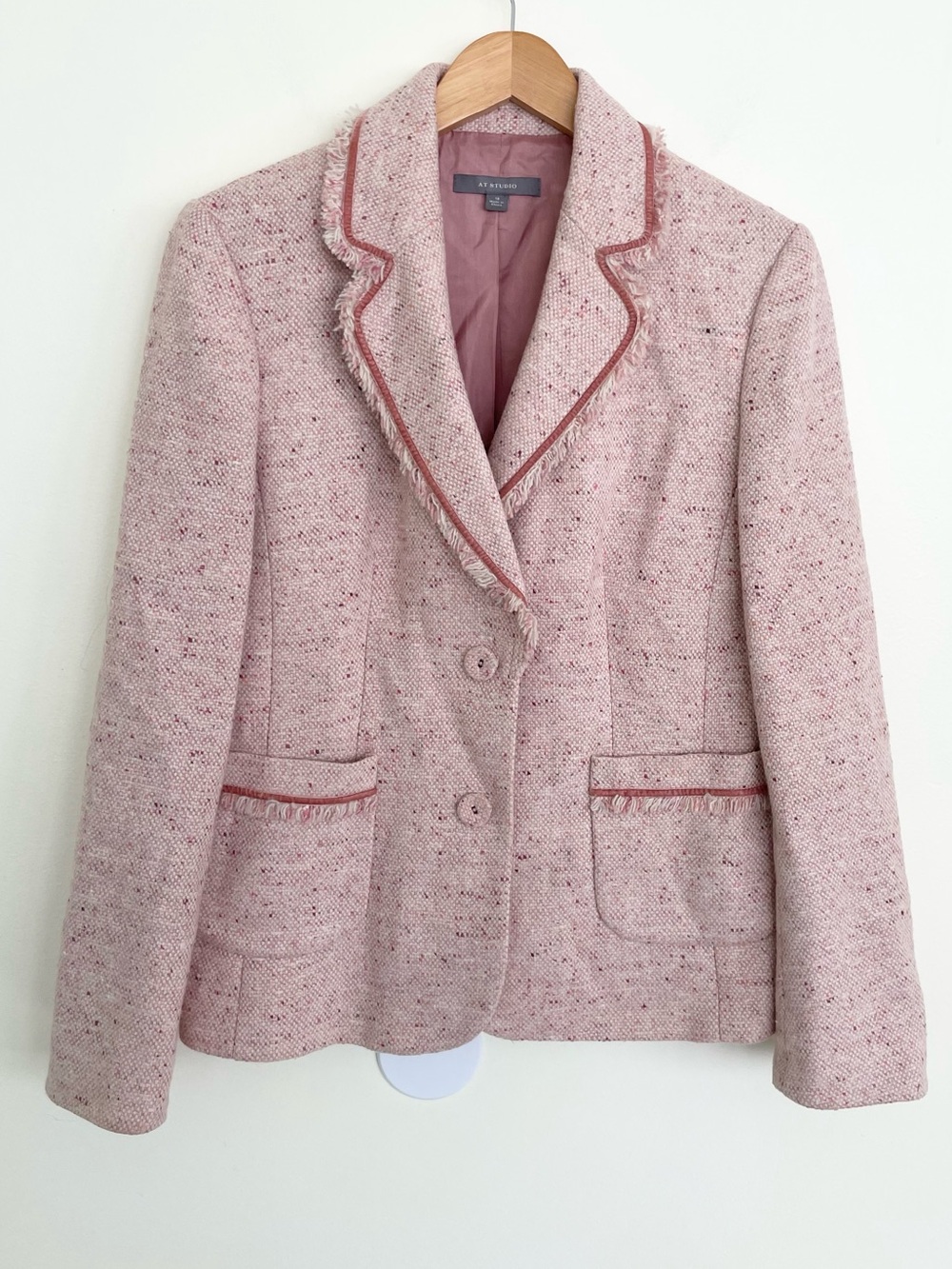 Ann Taylor Wool Blend Tweed Fringe Blush Rose Pink Blazer Jacket Sz 12 Academia